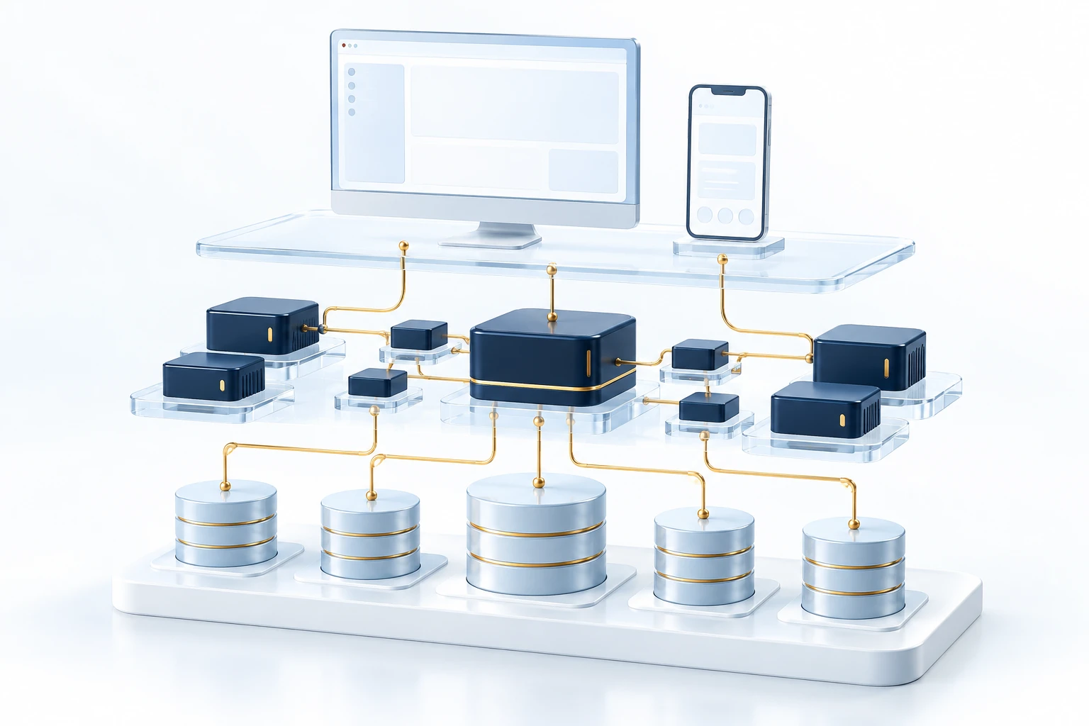 Ilustração de interfaces web e mobile sobre módulos de software, conectados por linhas douradas a bases de dados.